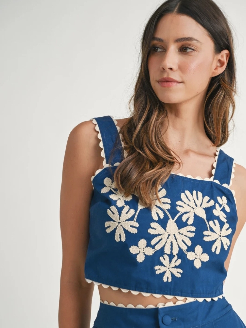 Top Marga (Blue background, ecru embroidery) size 34